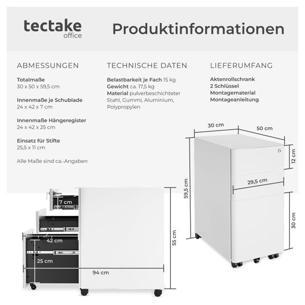 Produktinformationen und Abmessungen des Aktenrollschranks von tectake office