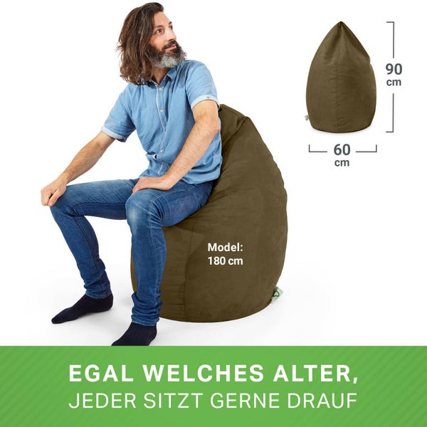 Green Bean Sitzsack mit Rückenlehne 60x60x90cm - Indoor Sitzkissen 220L Füllung Kuschelig Waschbar - Bean Bag Bodenkissen Lounge Chair Sitzhocker - Olivgrün
