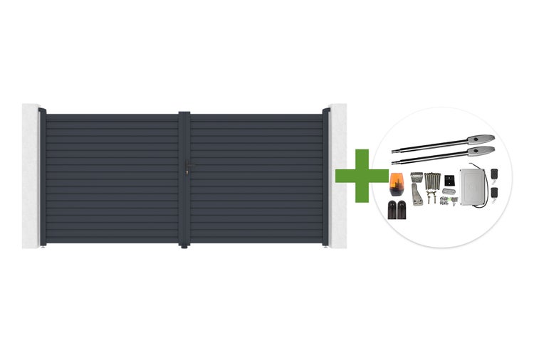 Zweiflügeliges Einfahrtstor aus Aluminium mit Lamellen inklusive elektrischem Drehtorantrieb Set.