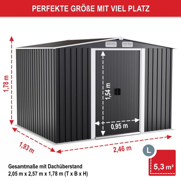 Gartenhaus aus Metall mit den Maßen 2,46 Meter Breite, 1,93 Meter Tiefe und 1,78 Meter Höhe sowie einer Grundfläche von 5,3 Quadratmetern.