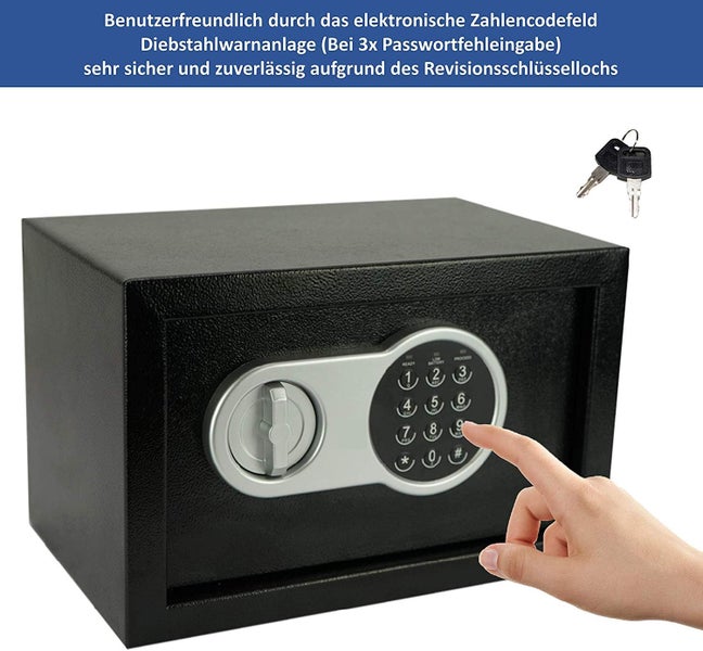 JUNG Safe-Alarm Elektronischer Tresor 14L, Möbeltresor mit Zahlenschloss + 2 Notschlüsseln, Kompakt 31x20x20 cm, 3,8 kg, Doppelstahlbolzen Sicherheitsbox für Hotel, Büro und Heim, Schwarz