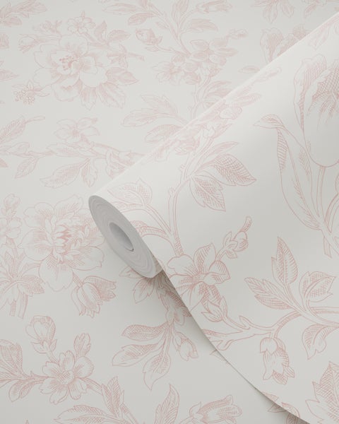 Vliestapete mit floralem Muster aus großen Blüten und Blättern im skizzierten Vintage Stil