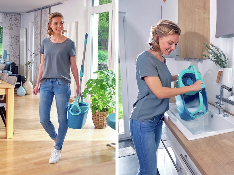 Leifheit Set Clean Twist Disc Mop Ergo 2.0 mit Rollwagen, Bodenwischer mit Mikrofaser Bezug für nebelfeuchte Reinigung auf Fliesen und Laminat, Wischmopp mit Click-System und Schleudertechnologie