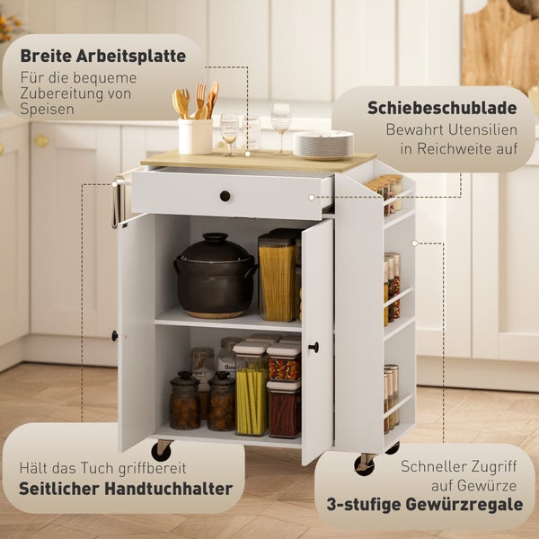 HOMCOM Kücheninsel Küchenwagen auf Rollen mit Arbeitsplatte, Schublade, Küchenschrank rollbar mit Einlegeboden, Gewürzregal, Handtuchstange, Servierwagen Küchentrolley Weiß