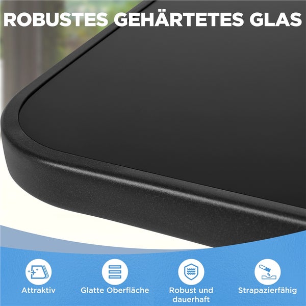Detailansicht einer Tischplatte aus robustem gehärtetem Glas mit abgerundeter Ecke, glatter Oberfläche, robust und strapazierfähig.