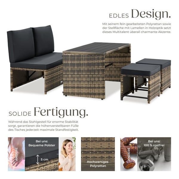 Gartenmöbel-Set aus Polyrattan mit Bank, Tisch und zwei Hockern. 5 Zentimeter dicke Polsterkissen, stabiles Stahlgestell und Tischplatte in Holzoptik.
