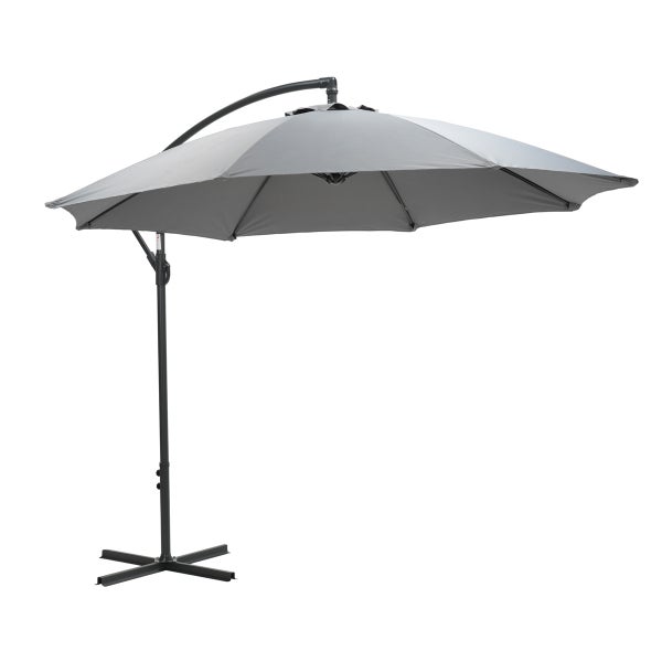 Grauer Ampelschirm mit Kreuzfuß und Kurbel für Garten oder Terrasse.