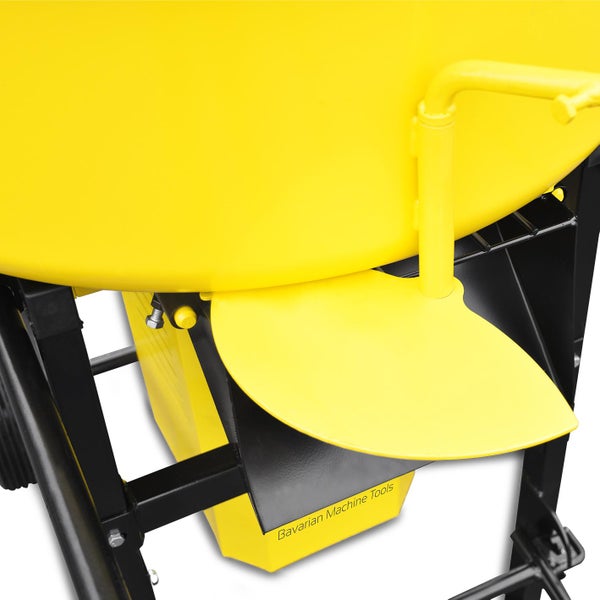 Detailansicht eines gelben Betonmischers mit schwarzem Rahmen.