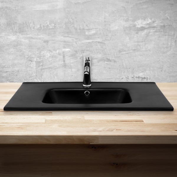 ML-Design Waschbecken aus Keramik Schwarz matt 81x16,5x46 cm Eckig, Einbauwaschbecken mit Hahnloch und Überlauf, Aufsatzwaschbecken Einbauwaschtisch Waschschale Handwaschbecken, für das Badezimmer