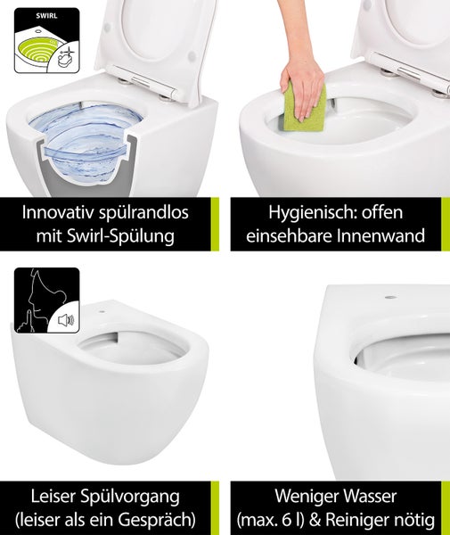 aquaSu® Wand WC Spülrandlos 2.0, innovative Swirl Spültechnik, Spritzfrei & leise, Umweltfreundlich, Wasserzulauf seitlich, WC-Set Tondo, WC-Sitz mit Absenkautomatik, Duroplast Weiß, 049979