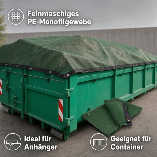 Feinmaschiges Containerabdecknetz aus Polyethylen Monofilgewebe zur Sicherung von Ladung auf Anhängern und Containern.