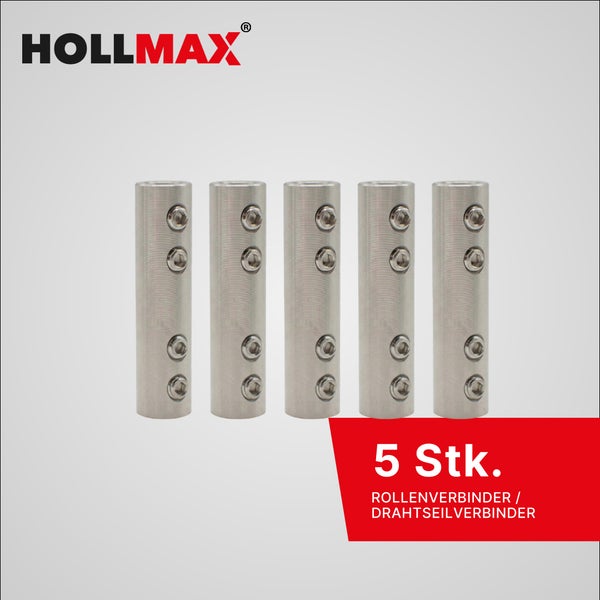 5 Stück Hollmax Rollenverbinder und Drahtseilverbinder aus Metall mit Innensechskantschrauben. Hollmax Logo.