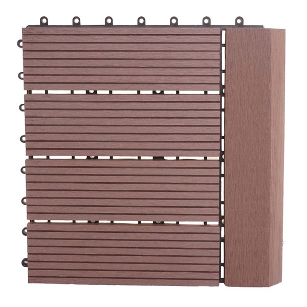 WPC Terrassenfliese mit passendem Kantenabschluss und Klicksystem.