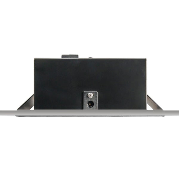 Rückansicht einer rechteckigen schwarzen Einbauleuchte mit runder Stromeingangsbuchse und seitlichen Montagebügeln.