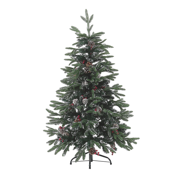 Geschmückter künstlicher Weihnachtsbaum mit Tannenzapfen und roten Beeren