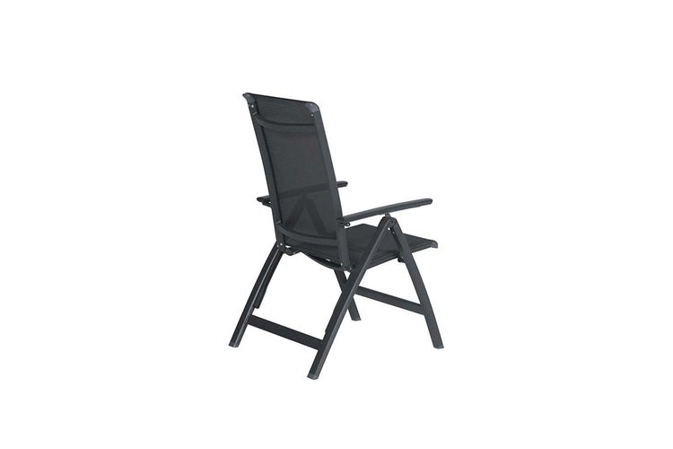 Klappbarer Hochlehner-Gartenstuhl mit Armlehnen, Gestell aus Aluminium und Bespannung aus Textilgewebe.