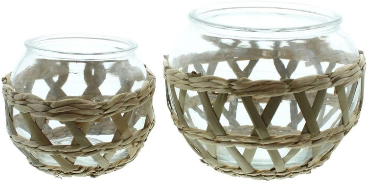 Dekoleidenschaft 2x Windlicht Geflecht aus Glas, Kerzenglas mit Seegras Geflecht, Teelichthalter, Kerzenhalter für Stumpenkerzen, Dekoglas, Tischdeko