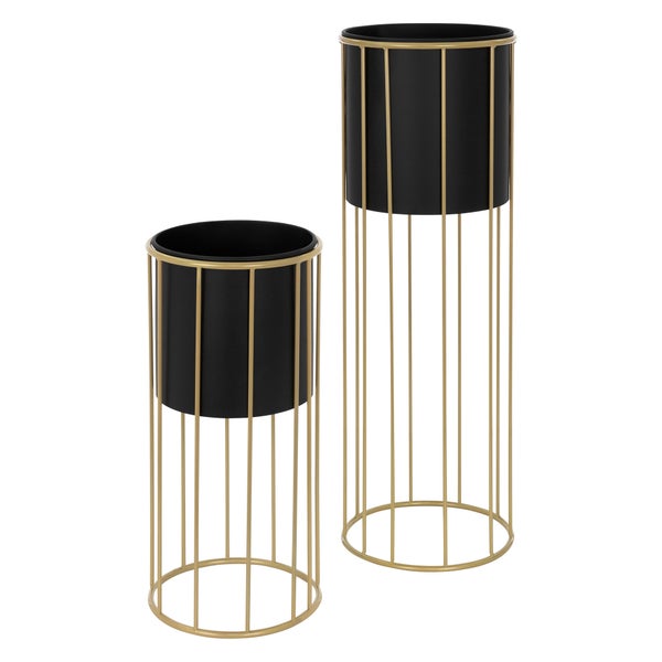 ML-Design Blumenständer 2er Set, Schwarz-Gold, 21x46,7/24x70,5 cm, rund, Stahl, Blumentopfständer mit Übertopf, Metall Pflanzenständer, Blumentopfhalter 2-tlg, Pflanztopf Deko Blumensäule Blumenhocker