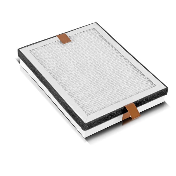 Rechteckiger Luftfilter mit weißem Rahmen, Wabenstruktur, schwarzem Dichtungsschaumstoff und braunen Zuglaschen.