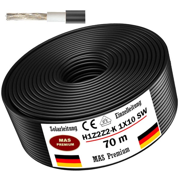 Solarleitung MAS Premium H1Z2Z2-K 1X10, 70 Meter Rolle, schwarz, VDE-geprüft.