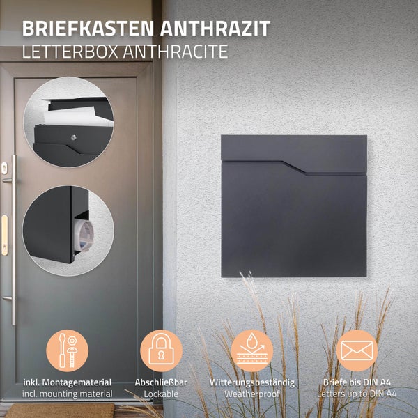 ML-Design Briefkasten Anthrazit Edelstahl pulverbeschichtet, 37x37 cm, Postkasten mit Zeitungsfach, Abschließbar 2 Schlüssel, Moderner Design Wandbriefkasten mit Zeitungsrolle, Mailbox für Wandmontage