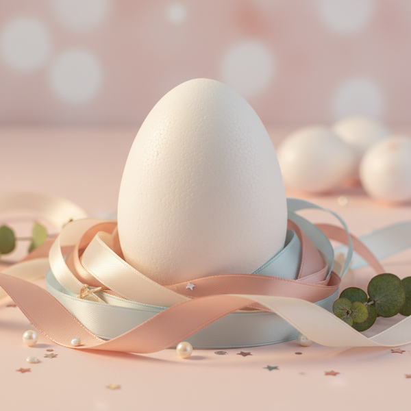 Weißes Dekoei umwickelt mit pastellfarbenen Satinbändern, Perlen und Eukalyptusblättern für die Osterdekoration.