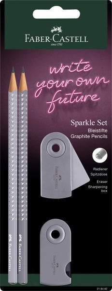 Faber-Castell Bleistifte Sparkle dapple gray 2er Set mit Spitzer Sparkle Bleistift Set, dapple gray, Blisterkarte mit 2 Bleistiften, 1 Sleeve Mini Radierer und 1 Sleeve Mini Einfachspitzdose