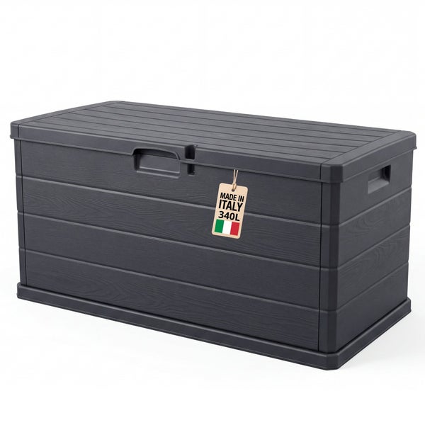 Gartenbox aus Kunststoff mit 340 Liter Volumen und Holzoptik fuer die Aufbewahrung im Aussenbereich.