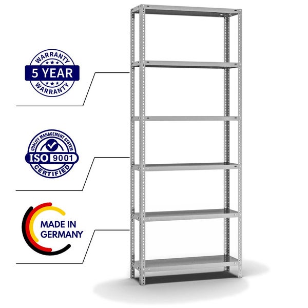 PROREGAL Fachbodenregal Schraubsystem Heavy-Duty Grundregal HxBxT 250 x 100 x 30 cm 6 Ebenen Fachlast 350 kg Beidseitig Nutzbar Verzinkt