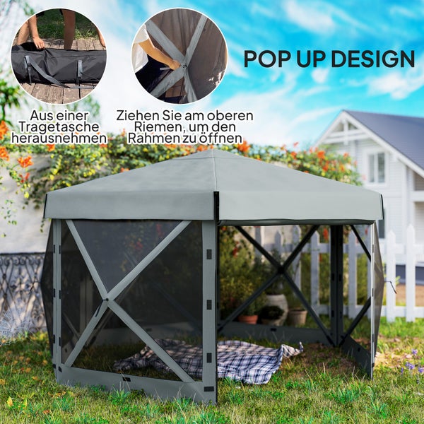 Outsunny Pavillon sechseckig ca. 3,6x3m Wasserdicht Pop-up Faltpavillon mit 5 Seitenteilen Tasche Faltbar Partyzelt UV 30+ Winterfest Gartenzelt Gartenpavillon für Camping Garten Festival, Hellgrau