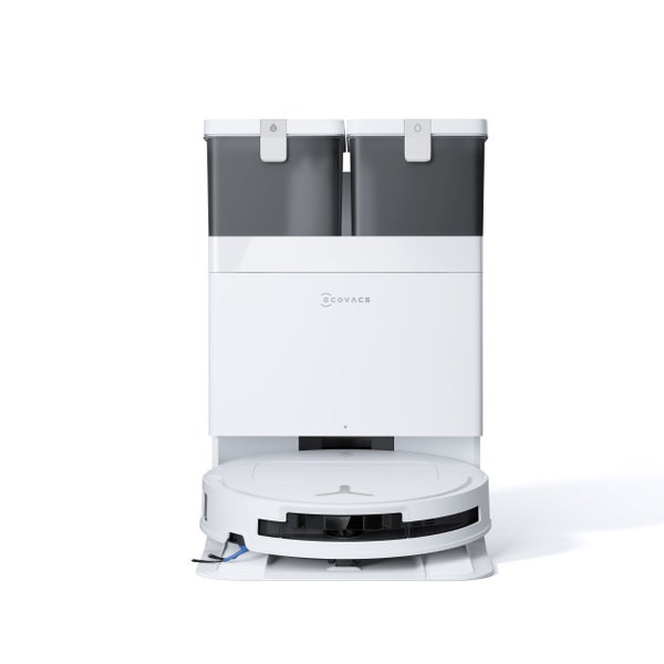 Ecovacs Saugroboter mit Dockingstation und zwei transparenten Behältern für Wasser.