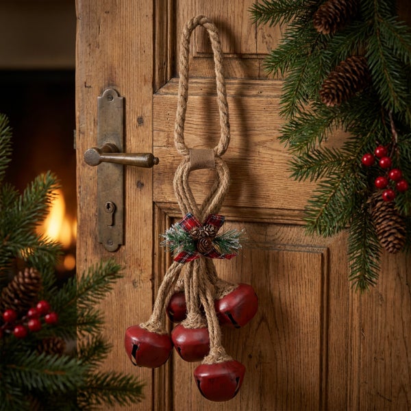 Weihnachtliche Türdekoration aus Juteseil mit Glocken und Schleife an einer Holztür