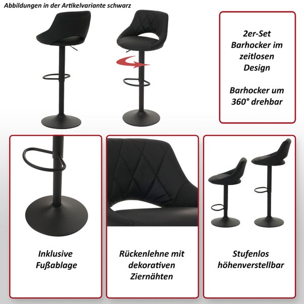 Zweiteiliges Barhocker Set im zeitlosen Design, drehbar um 360 Grad, inklusive Fußablage, Rückenlehne mit Ziernähten und stufenloser Höhenverstellung.