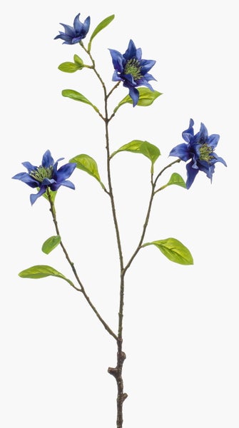 Künstlicher Clematis-Zweig mit zwei blauen Blüten und grünen Blättern für die Dekoration.