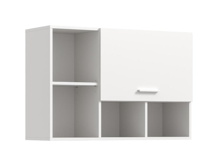 Weißer Küchenoberschrank mit einer Tür und vier offenen Regalfächern.