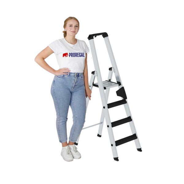 PROREGAL Stufen-Stehleiter Einseitig Begehbar mit Clip-Step Relax 4 Stufen