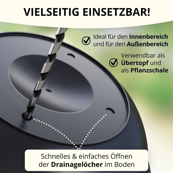 Ein Bohrer bohrt Drainagelöcher in ein Pflanzgefäß aus Kunststoff. Vielseitig nutzbar als Übertopf oder Pflanzschale für innen und außen.