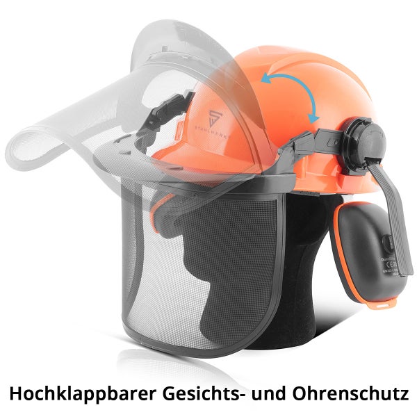 Schutzhelm mit hochklappbarem Visier aus Drahtgitter und integriertem Gehörschutz.