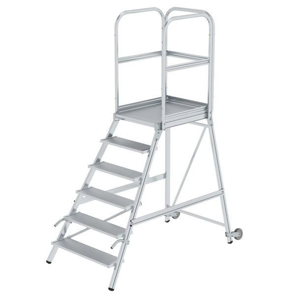 PROREGAL Podesttreppe Einseitig Begehbar Mit Rollen und Griffen Aluminium Geriffelt 6 Stufen Rutschsichere Leiterschuhe