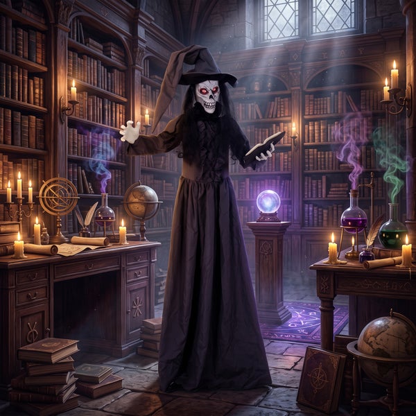Halloween Dekofigur einer Skeletthexe in einer Bibliothek mit Kristallkugel, Büchern und Leuchtmitteln für eine gruselige Atmosphäre.