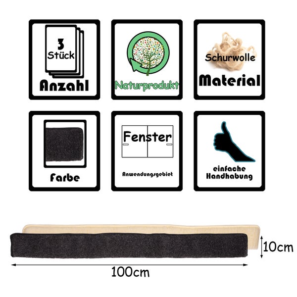 BigDean 3x Zugluftstopper für Fenster 100cm - 100% Schurwolle - Anthrazit - Luftzugstopper Durchzugstopper Windstopper - Made in Germany