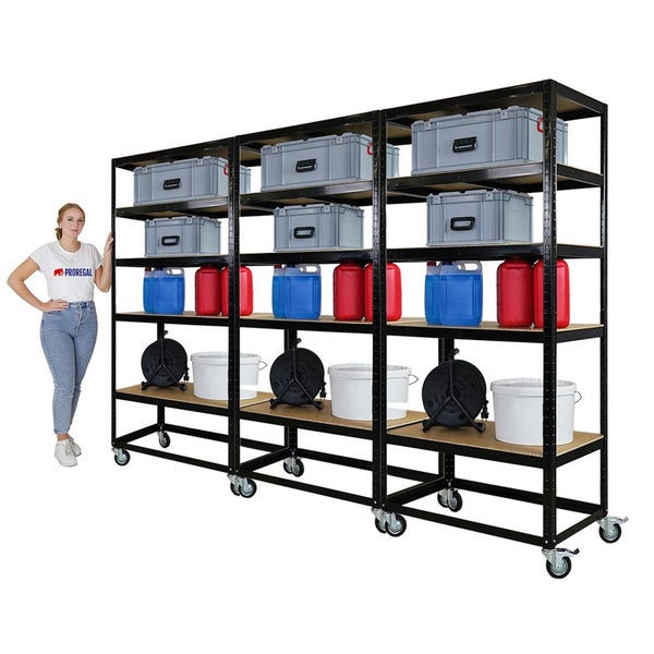 PROREGAL Mega Deal 3x Kommissionierwagen BÜFFEL Fahrbares Kommissionierregal 192x90x50cm 5 Ebenen Fachlast 50kg 2X Lenkrollen & 2X Lenkrollen mit Feststellbremse Schwarz