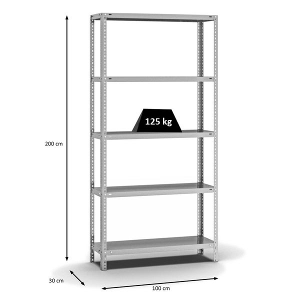 PROREGAL Fachbodenregal Schraubsystem Light-Duty Grundregal HxBxT 200 x 100 x 30 cm 5 Ebenen Fachlast 125 kg Beidseitig Nutzbar Verzinkt