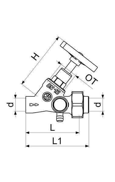 Technische Zeichnung eines Schrägsitzventils Nennweite 15 mit Maßangaben für Höhe, Durchmesser und Länge.