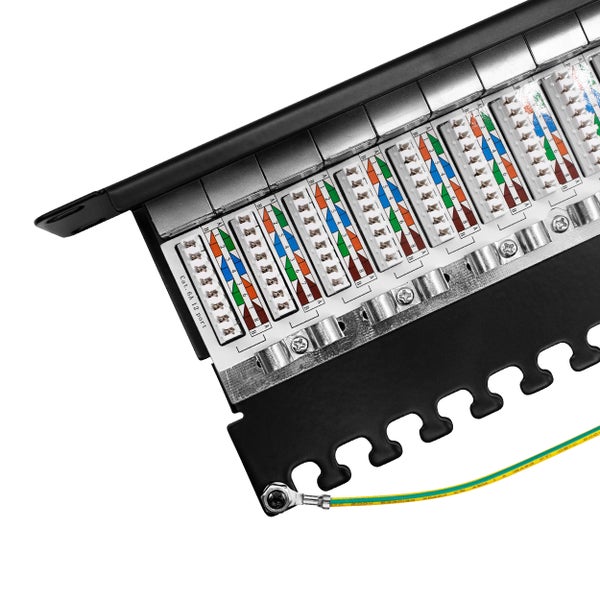 ProfiPatch Cat6a Patchpanel Patchfeld 10 Zoll 12 Port Verteilerfeld geschirmt RJ45 Rackeinbau geschirmt 1HE schwarz