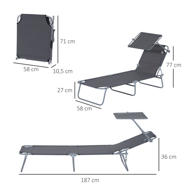 Outsunny Sonnenliege, klappbar, mit Sonnenschutz, 187 x 58 x 36 cm, Metall, Oxford-Gewebe, Grau