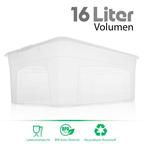 BigDean 5 Stück Aufbewahrungsbox mit Deckel 16L robust & stapelbar aus lebensmittelechtem Kunststoff – Plastikbox transparent Made in Germany