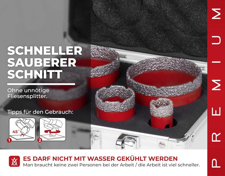 PROREGAL Diamant Bohrkronenaufsatz-Set Premium Crystal 20 - 35 - 45 - 55 - 68 mm für Fliesen Glas Feinsteinzeug Winkelschleifer Flex M14