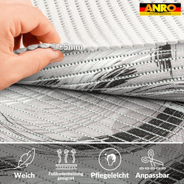 Bodenmatte von ANRO mit abstraktem Muster, Dicke circa 5 Millimeter, weich, für Fußbodenheizung geeignet, pflegeleicht und zuschneidbar. ANRO Logo.