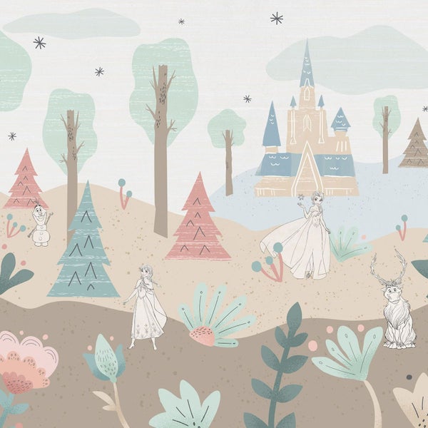 Tapete mit Eiskönigin-Motiv, mit Bäumen, Blumen und Schloss